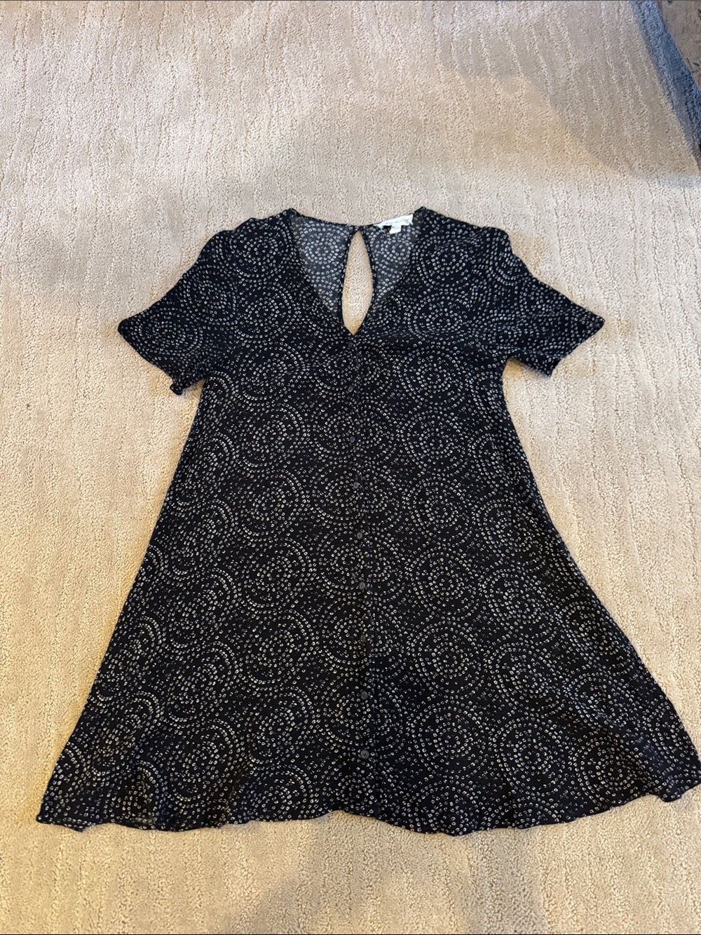 Black Patterned Short Sleeve A-Line Dress with Buttons